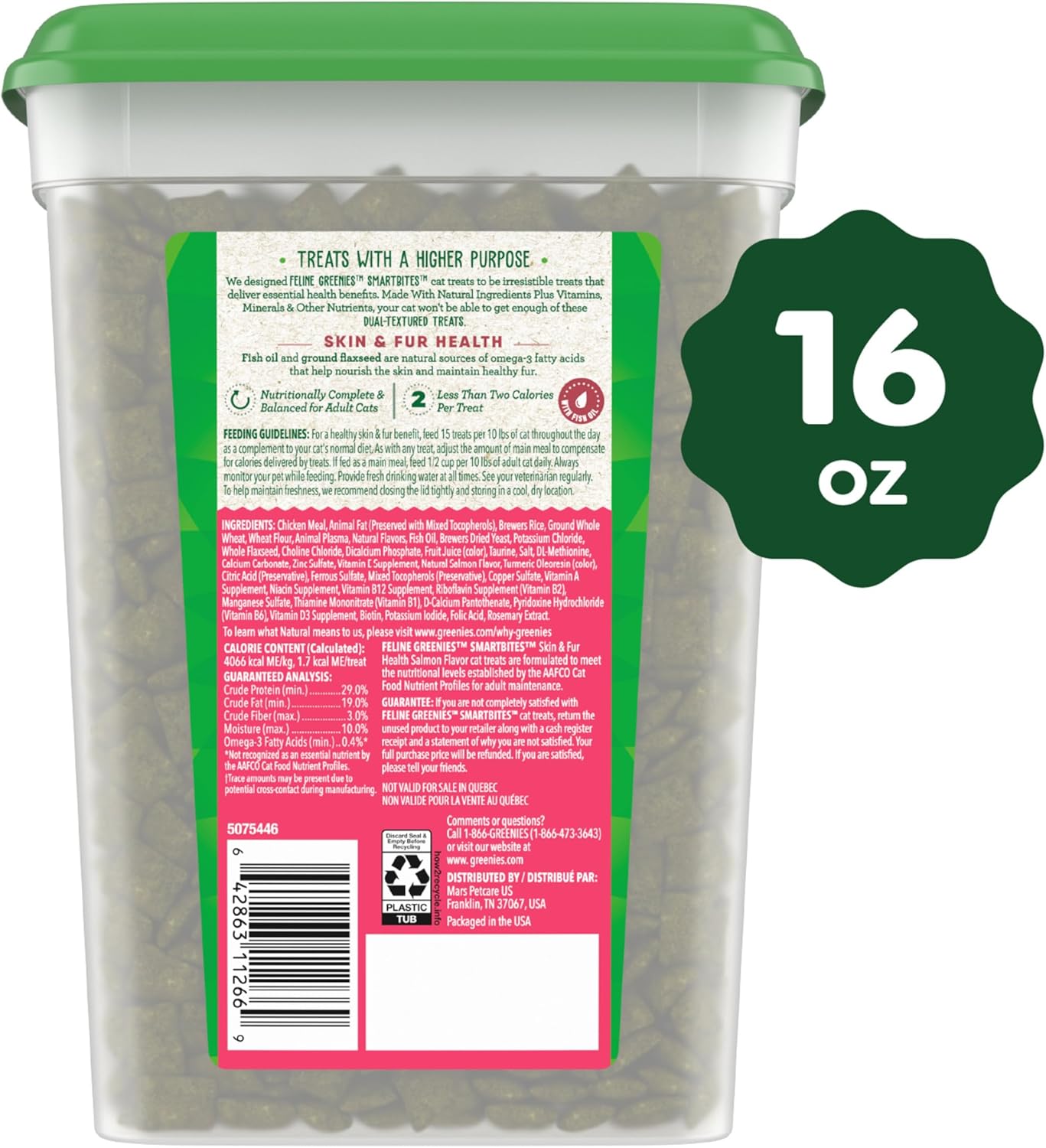 Greenies Feline Smartbites Skin & Fur Health Crunchy and Soft Cat Treats, Salmon Flavor, 16 oz. Tub