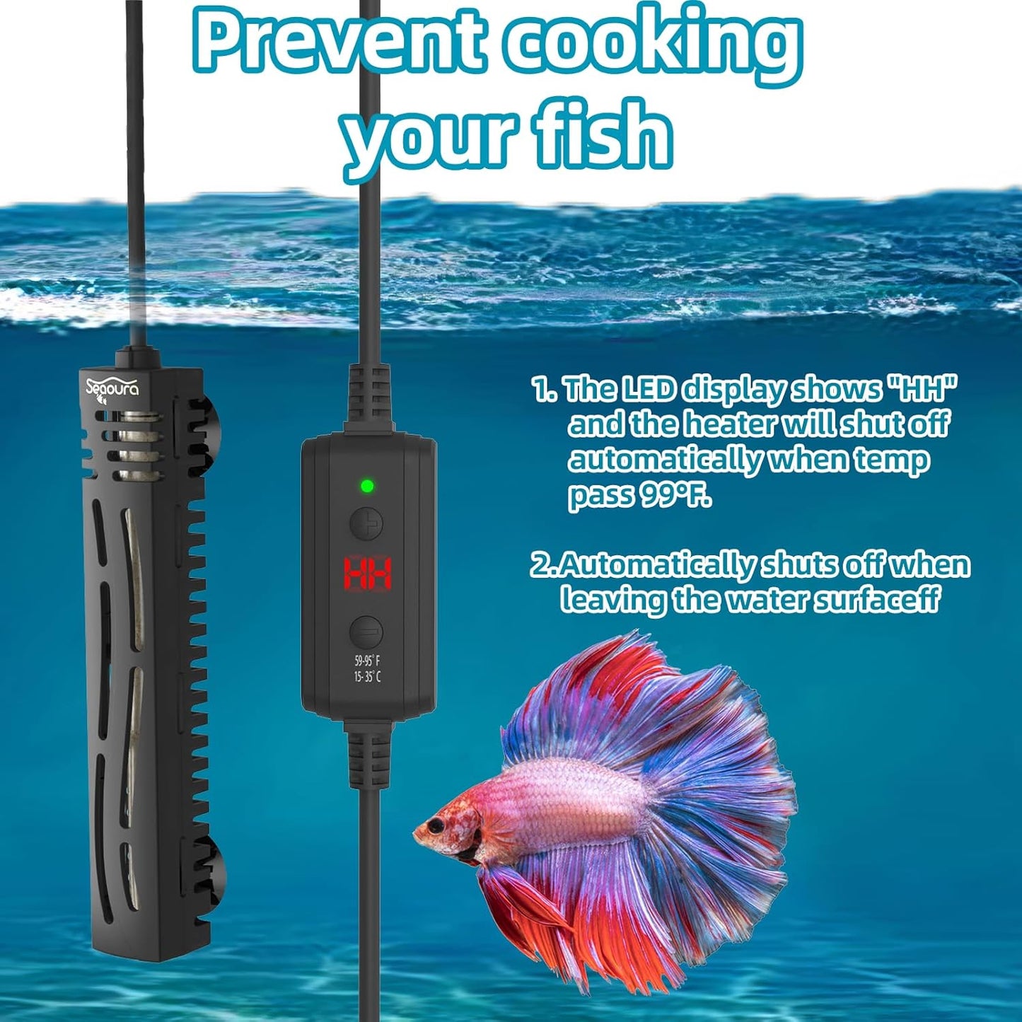 SEAOURA Small Aquarium Heater, 50 Watt Fish Tank Heater for and USB Rechargeable Portable Aerator Aquarium Air Pump, 2.5W Battery Powered Fish Tank Bubbler