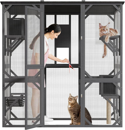 Large Walk-in Catio Outdoor, 70'' Wooden Window Access Cat Enclosure for Multiple Cats with Waterproof Roof, Feral Cat Shelter with Platforms, Hammock, Scratching Post and Rest Box Grey