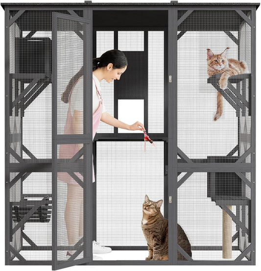 Large Walk-in Catio Outdoor, 70'' Wooden Window Access Cat Enclosure for Multiple Cats with Waterproof Roof, Feral Cat Shelter with Platforms, Hammock, Scratching Post and Rest Box Grey