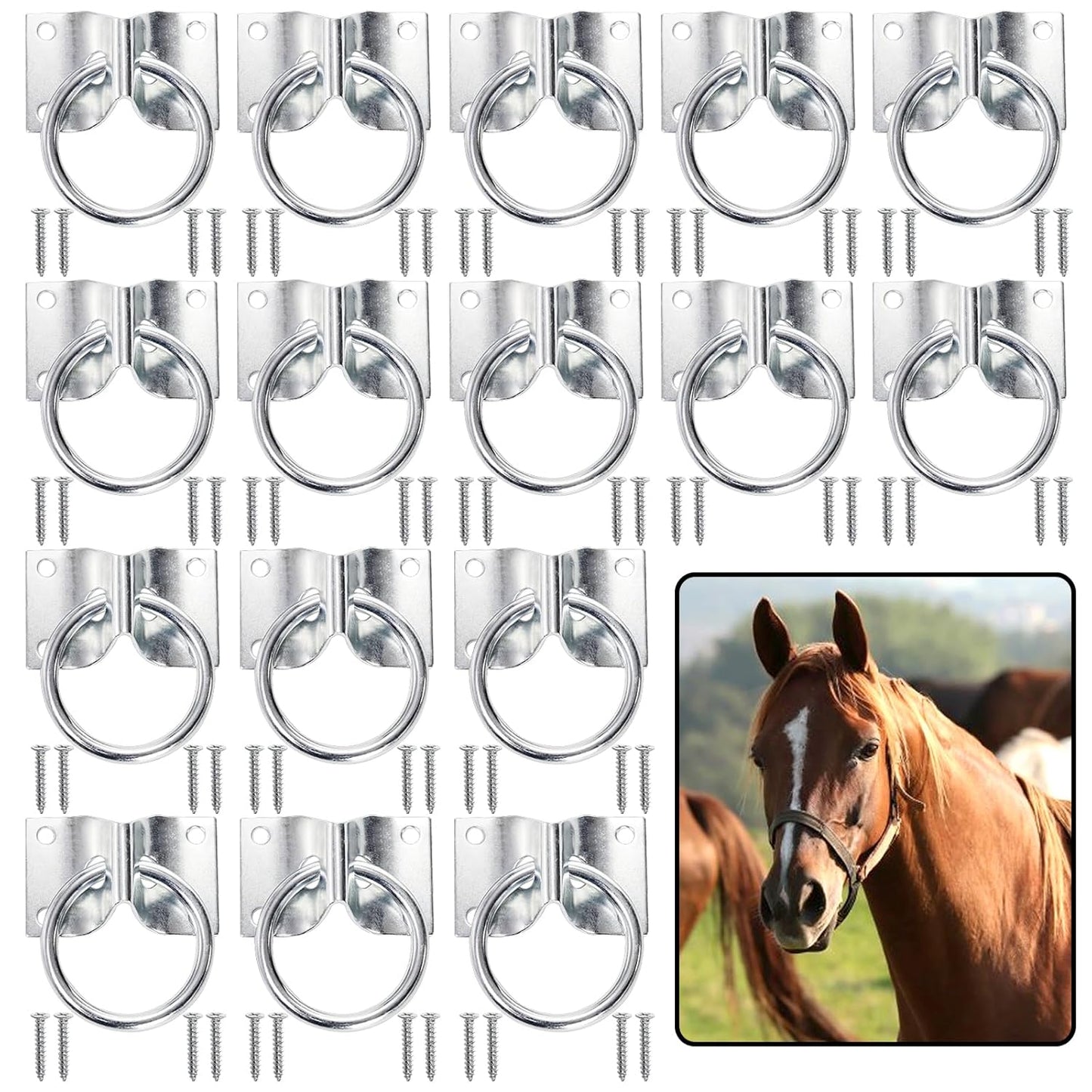 16 Pack Cross Tie Ring for Horse, Block Tie Ring with Screws, Wall Mount Horse Tie Ring, Stainless Steel Hitching Ring Tie Down Hooks Horse Barn Supplies for Livestock Stable Stall Racetrack
