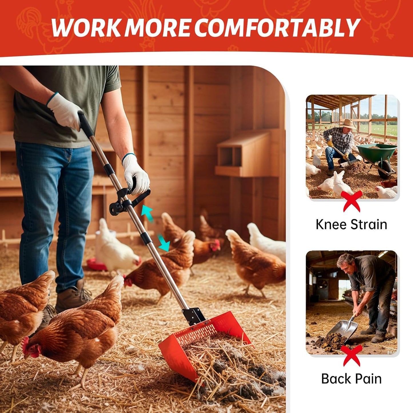 Chicken Poop Scooper for Sand, 12'' Wide 2-in-1 Chicken Coop Scooper and Rake, 36'' to 77'' Adjustable Effort-saving Handle Chicken Coop Pooper Scooper Sifting Shovel, Chicken Coop Cleaning Tools