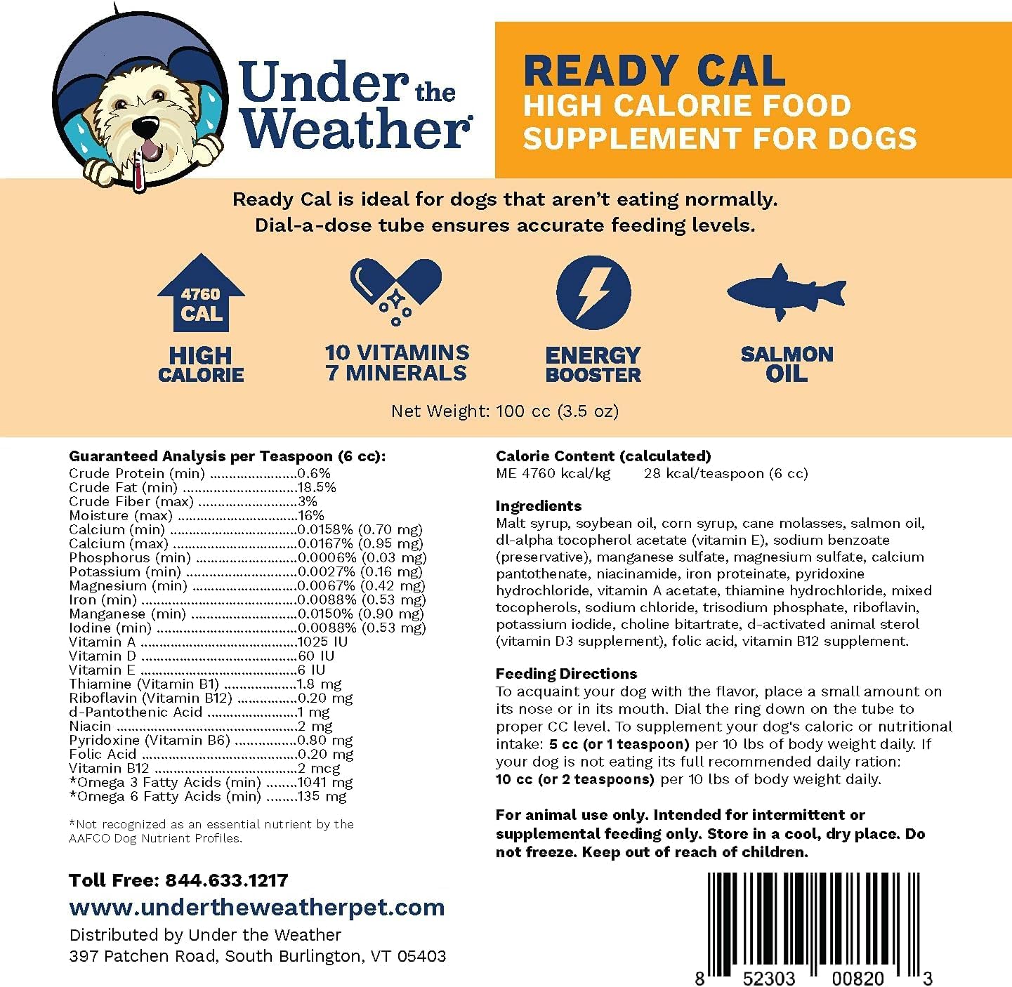 Under the Weather Pet | Ready Cal for Dogs 100cc | High Calorie Supplement | Dog Weight Gainer and High Calorie Booster | 10 Vitamins, 7 Minerals & Omega Fatty Acids (2 Pack)