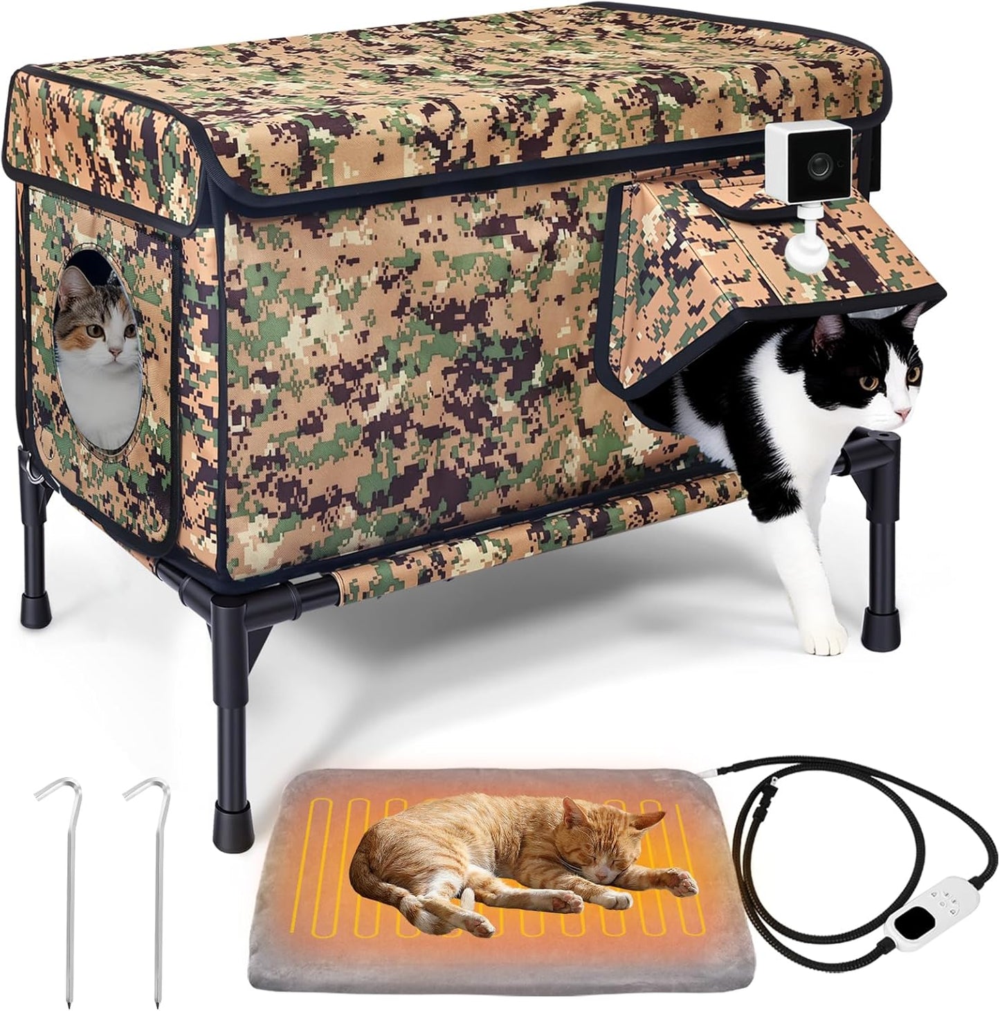 Elevated Heated Outdoor Cat House - 100% Weatherproof Insulated Outdoor Cat Shelter with Safe Escape Door & Removable Heating Pad, Warm Heated Cat House for Outside Stray/Feral/Barn Cat
