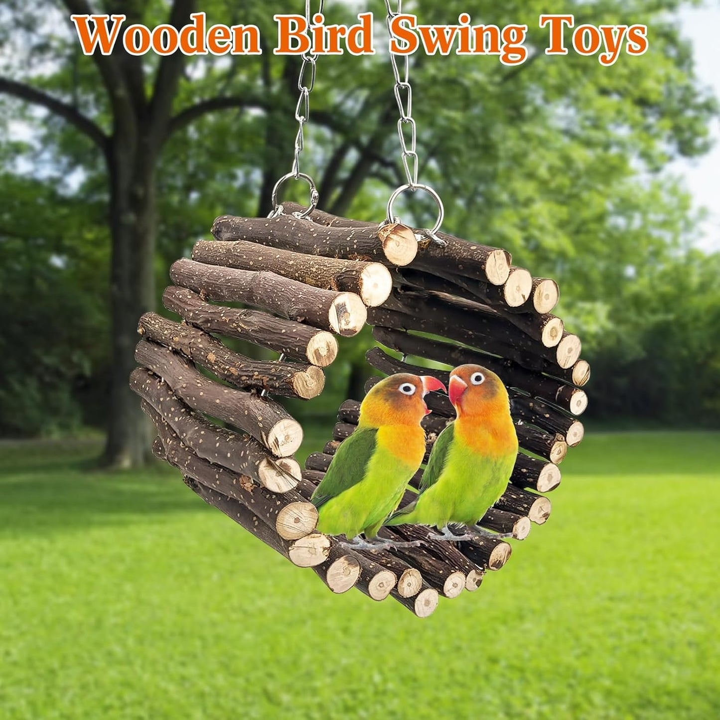 BNOSDM Wooden Bird Tunnel Parrot Swing Toys Natural Hanging Nest and 2 Pack Bird Perch Platform Stainless Steel Parrot Perches for Parakeets, Budgies, Conures, Cockatiels, Lovebirds