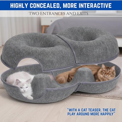 Trivon Peekaboo Cat Cave & Tunnel Bed for Large Cats up to 45lbs, Cozy Indoor 8-Shaped Donut Hideaway Bed with 12 Toy Balls, Bonus Bird Toy and Toy Gun, Scratch-Resistant, Detachable & Washable Design