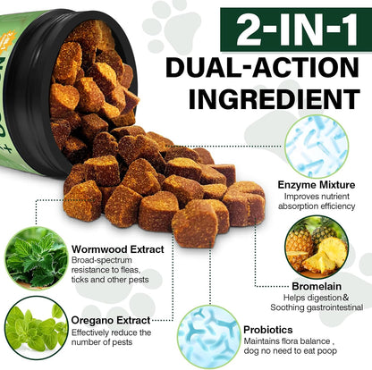 200 Chews No Poo Chew for Dogs-Flea and Tick Prevention Chews-2 in 1 Control Coprophagia & Flea Tick Supplement-Natural Soft Treats Deterrent Eat Poop with Digestive Enzymes Probiotics-Chicken Flavor