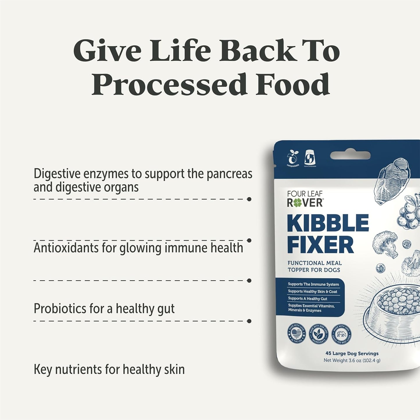 FOUR LEAF ROVER Kibble Fixer - Freeze-Dried Dog Food Topper with Dog Probiotics and Digestive Enzymes - Supports Healthy Digestion and Immune Systems