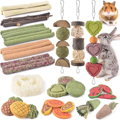 KATUMO 38 PCS Rabbit Chew Toys with 3 Types of Strung Hanging Toys, Natural Bunny Teeth Care Chew Kit Apple Wood Sweet Bamboo Grass Timothy Sticks for Guinea Pig, Hamster, Chinchilla, Small Animals