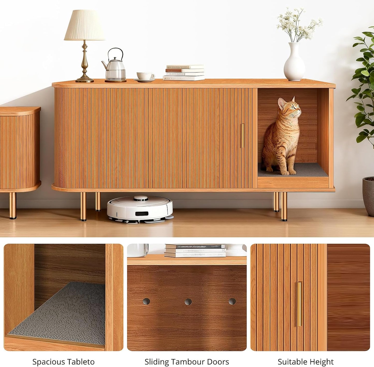 Litter Box Enclosure with Cat Scratch Pad, Sliding Door, 38.5" Litter Box Enclosure Furniture Hidden Litter Box, Modern Indoor Cat House, TV Stand, Side End Table for Living Room, Walnut