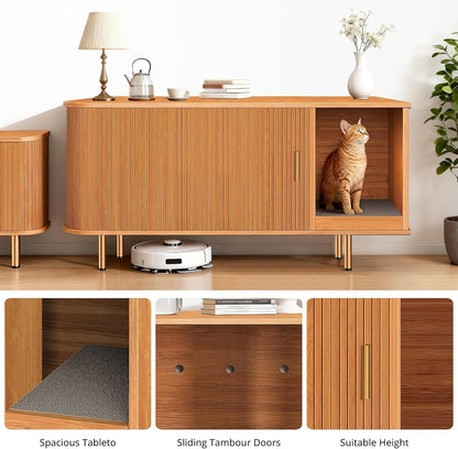 Litter Box Enclosure with Cat Scratch Pad, Sliding Door, 38.5" Litter Box Enclosure Furniture Hidden Litter Box, Modern Indoor Cat House, TV Stand, Side End Table for Living Room, Walnut