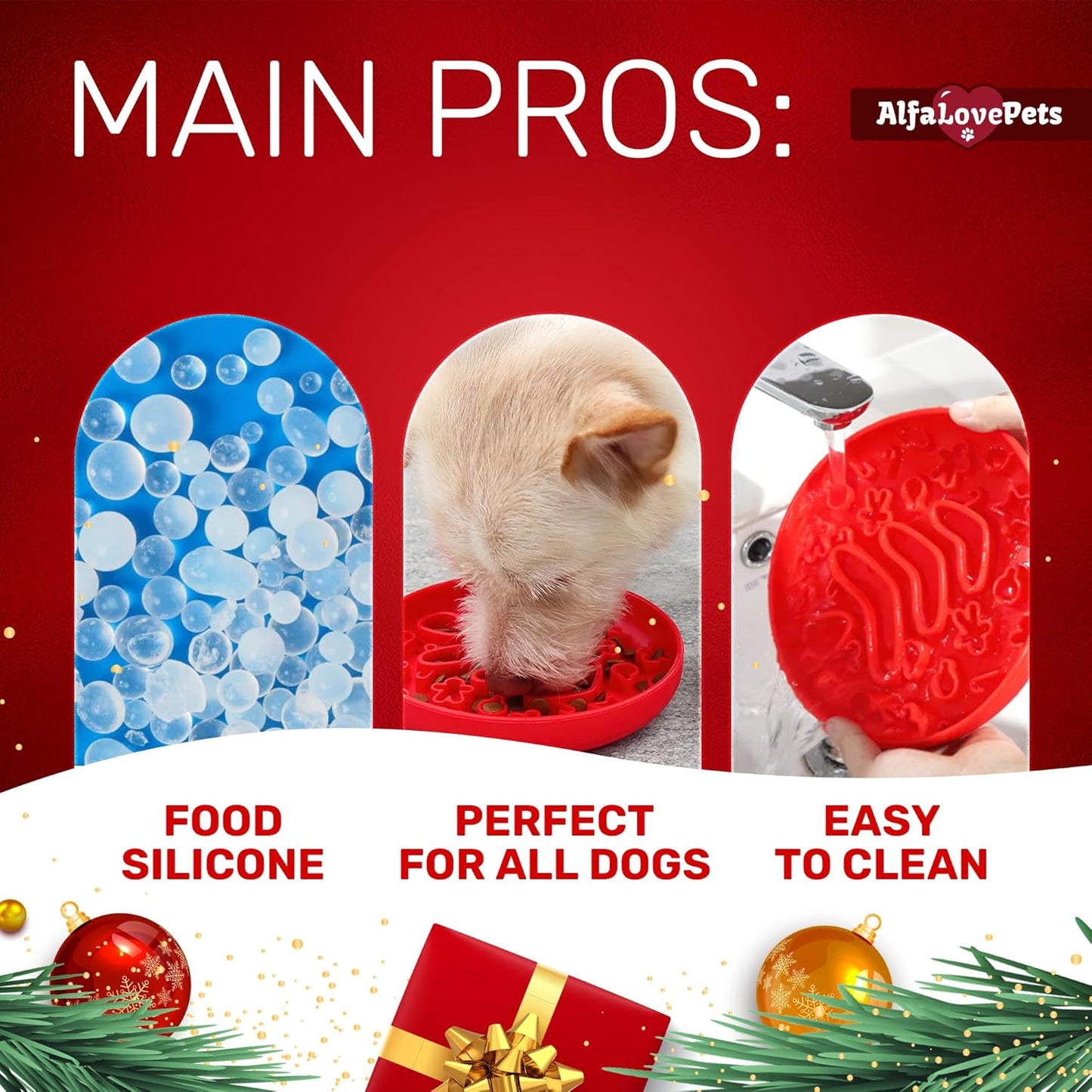 Slow Feeder Dog Bowls – Dog Bowl with Christmas Design – Red Lick Mat for Dogs – Dog Food Bowl – Safe Silicone Material – for Dogs Using – Dog Bowl Mat by Alfa Love Pets