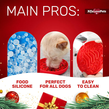 Slow Feeder Dog Bowls – Dog Bowl with Christmas Design – Red Lick Mat for Dogs – Dog Food Bowl – Safe Silicone Material – for Dogs Using – Dog Bowl Mat by Alfa Love Pets