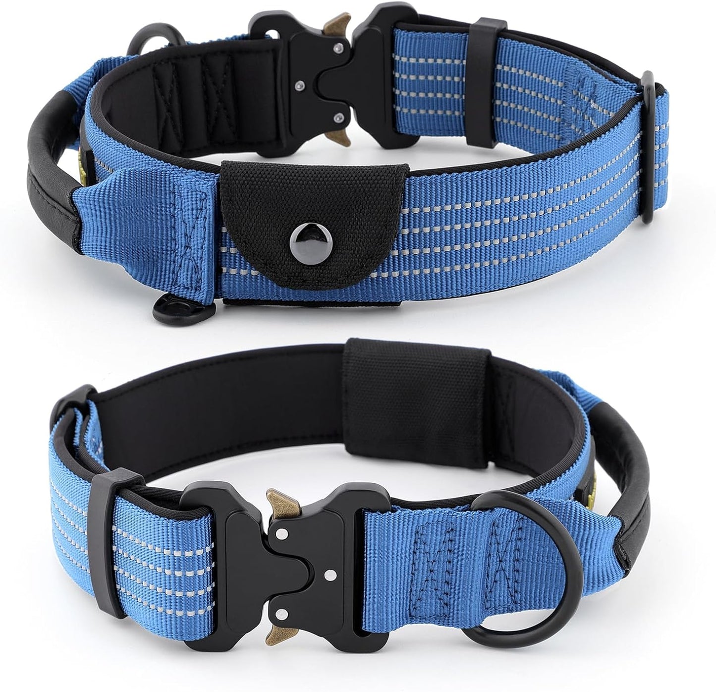 Plutus Pet Tactical Dog Collar with Tracker Pocket for AirTag, Adjustable Reflective Nylon Collar, Metal Buckle, Leather-Wrapped Handle, Soft Padded for Medium Large Dogs (Blue, M)