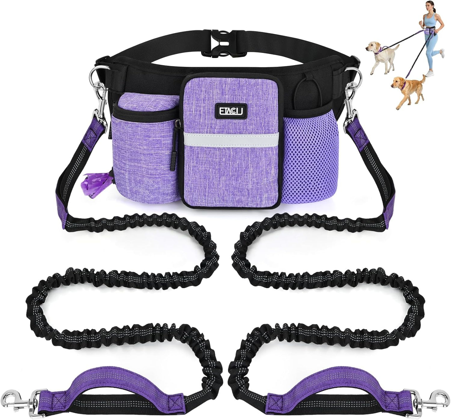 ETACCU Premium Hands Free Dog Leash for 2 Dogs, Adjustable Waist Belt Leash for Dog Walking, Purple (1 Dog Purple)