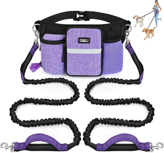 ETACCU Premium Hands Free Dog Leash for 2 Dogs, Adjustable Waist Belt Leash for Dog Walking, Purple (1 Dog Purple)