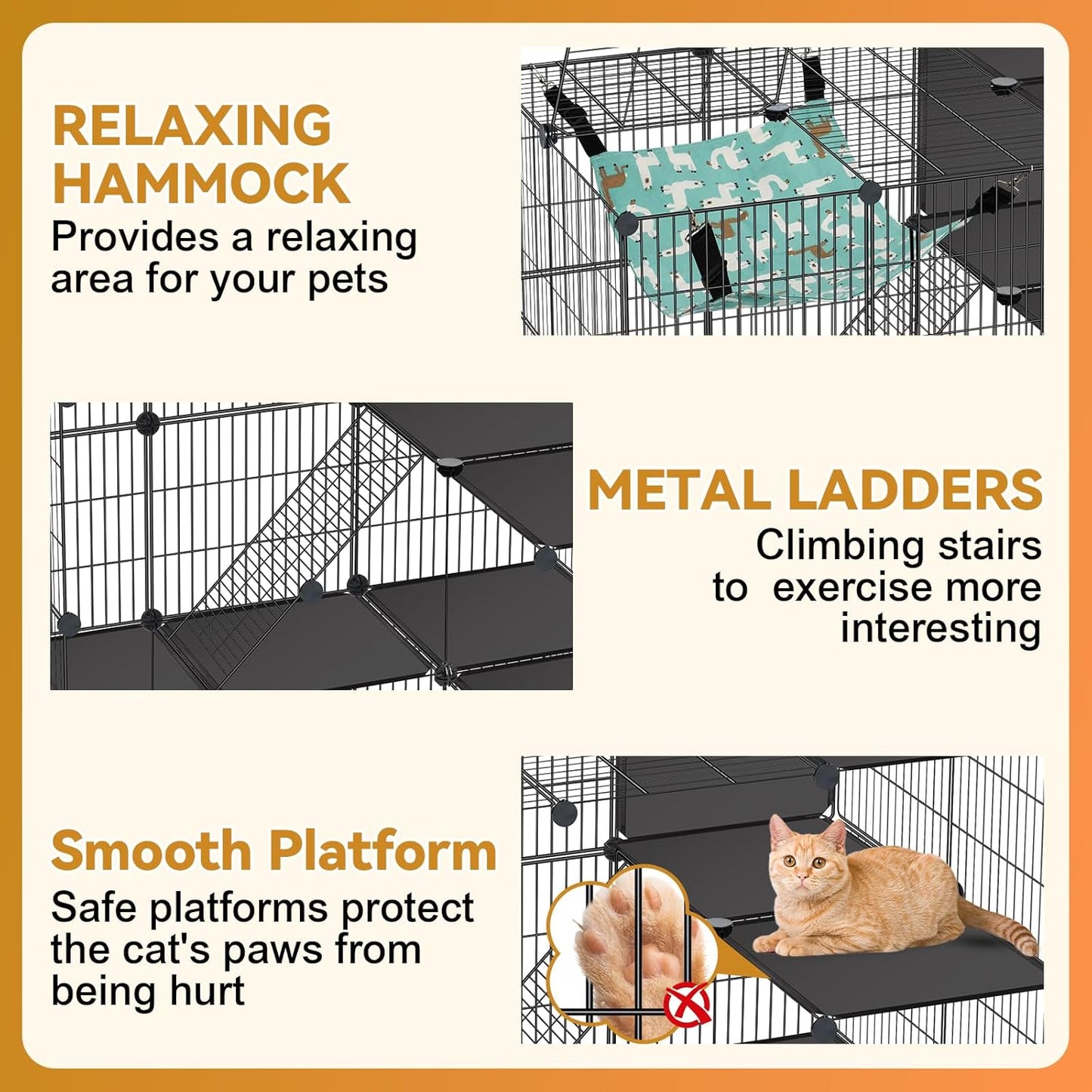 Cat Cage, 3-Tier DIY Cat Enclosures Catio, Cat Playpen Indoor & Outdoor with Hammock, Detachable Metal Wire Kennel Cats Crate, 2x3x3 Exercise Place for 1-3 Cats/Kitten