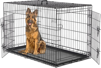 Dog Crate - Extra Large 48 Inch Double Door Portable Dog Cage, Metal Wire Pet Kennel with Secure Lock, Leak-Proof Pan Tray, Foldable Design for Dogs Pets Indoor Training and Outdoor Trave