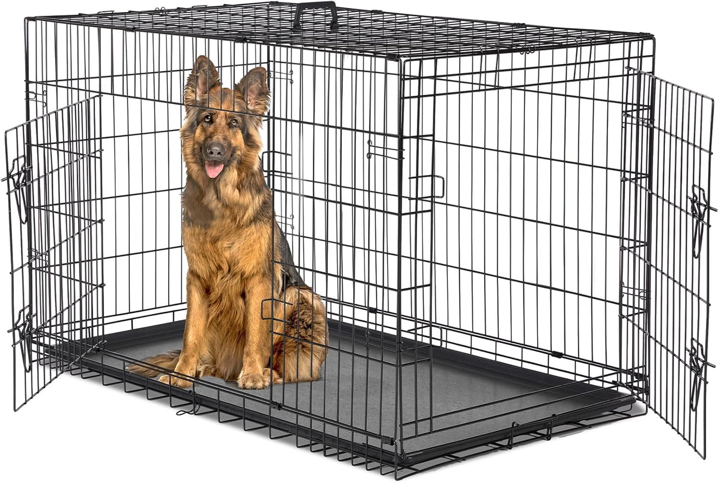 Dog Crate - Extra Large 48 Inch Double Door Portable Dog Cage, Metal Wire Pet Kennel with Secure Lock, Leak-Proof Pan Tray, Foldable Design for Dogs Pets Indoor Training and Outdoor Trave