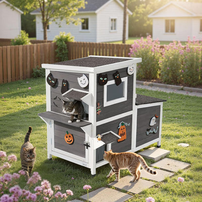 VEVOR Outdoor Cat House, 2-Story Wooden Cat Shelter for 3 Outside Cats in Winter, Elevated Feral Kitty Shelter with Stairs, Clear Window & Flap Doors, Waterproof Cats Condos for Garden 42 × 25 × 34 in