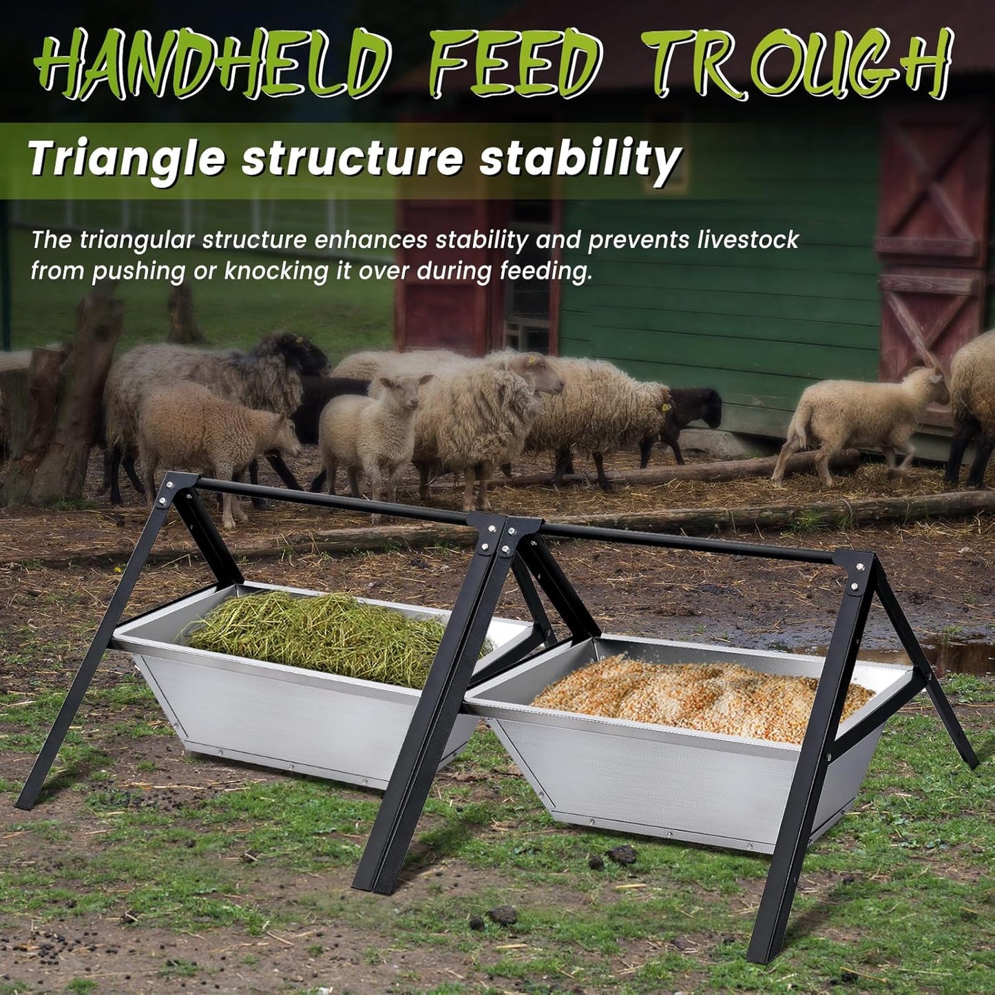 2 Pack Heavy-Duty Livestock Feeder Trough, Stainless Steel Goat Feeder Supplies and Large Capacity Goat Hay Feeder for for Sheep, Horses, Hogs