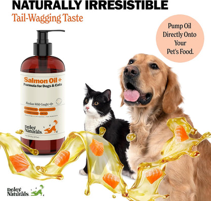 Deley Naturals Wild Alaskan Salmon Oil for Dogs - New & Improved Salmon Oil Plus Formula - Fish Oil for Dogs with DHA EPA Omega 3 & 6 Fatty Acids - Omega 3 Fish Oil for Skin & Coat - 16oz Made in USA