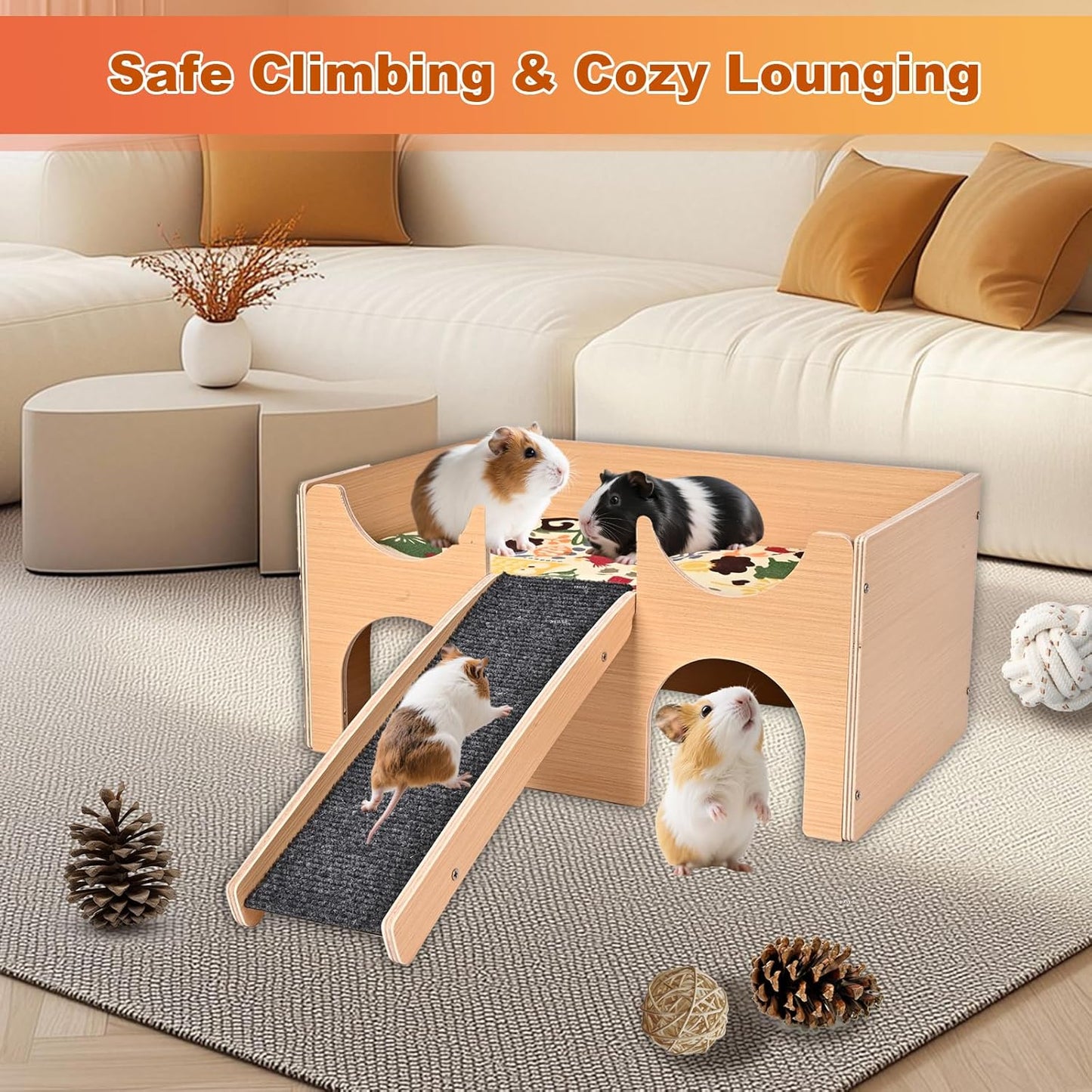 Wooden Guinea Pig Hideout, Multi-Cave Design Small Animal House, Guinea Pig Castle with Non-Slip Stairs and Double-Sided Mat
