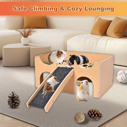 Wooden Guinea Pig Hideout, Multi-Cave Design Small Animal House, Guinea Pig Castle with Non-Slip Stairs and Double-Sided Mat