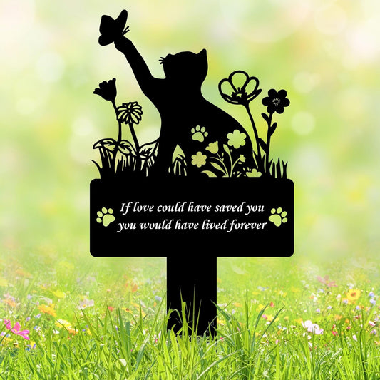 If Love Could Saved You Cat Grave Marker – 12in Metal Pet Memorial Plaque with Butterfly Design, Weatherproof Cat Headstone for Indoor or Garden Remembrance, Sympathy Gift for Loss of Pet