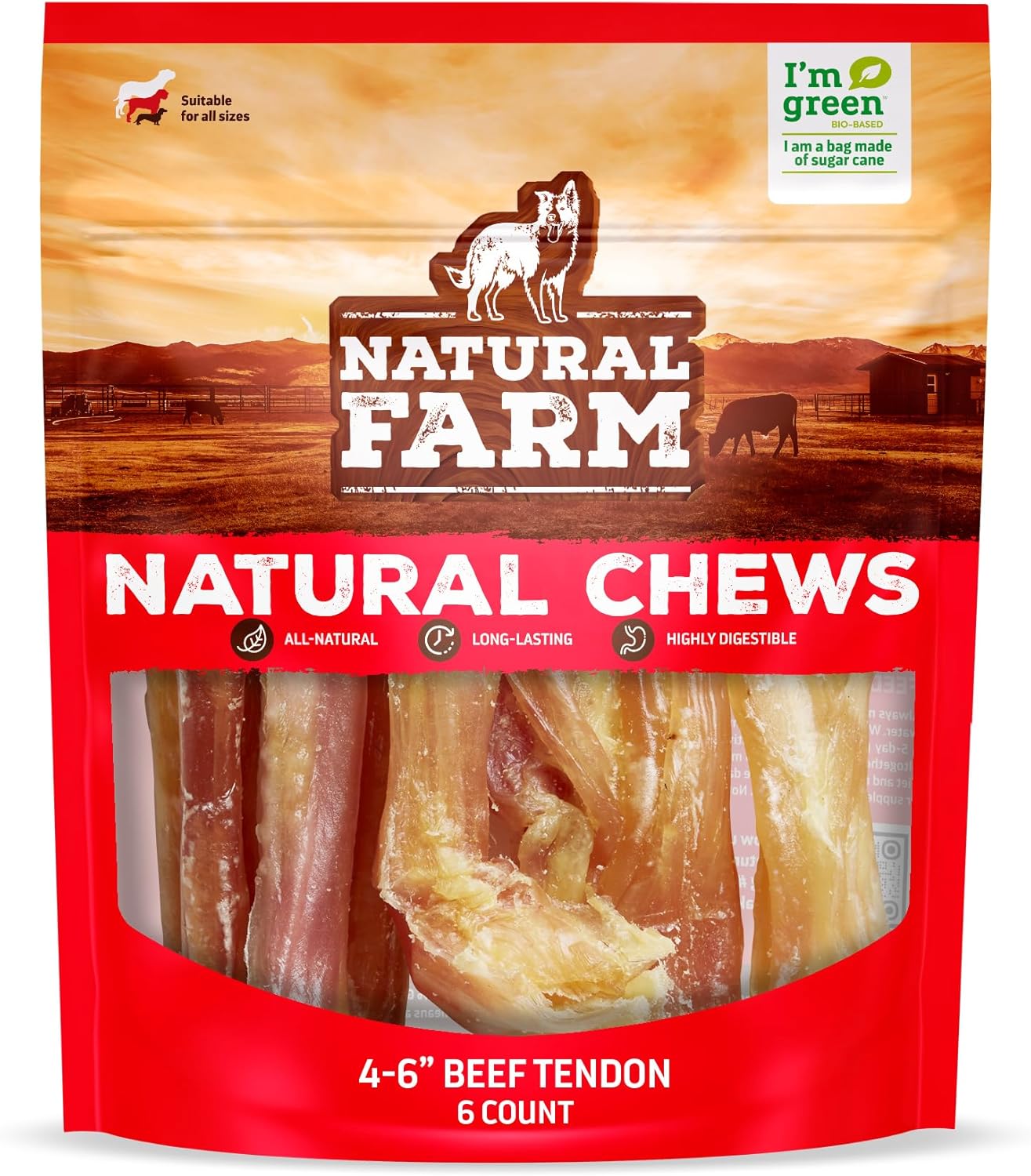 Natural Farm Extra-Thick Beef Tendons (4-6 Inch, 6 Pack), Natural Chondroitin and Collagen: Supports Healthy Joints, Great for Dental Health – Made & Packaged, All Dog Sizes
