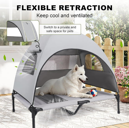 Medium Outdoor Dog Bed with UV Canopy, Elevated Pet Cot for Dogs up to 78 Lbs, Waterproof and Scratch-Resistant Raised Dog Tent with Breathable Mesh for Backyard, Patio, Camping or Indoor Use