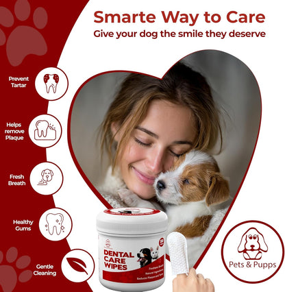 Pets & Pupps Dog Teeth Cleaning Wipes, Cats & Dogs Tooth Brushing Kit to Remove Plaque & Tartar Buildup, Dog Toothbrush and Toothpaste Alternative for Dog Breath Freshener & Dental Care, Unscented