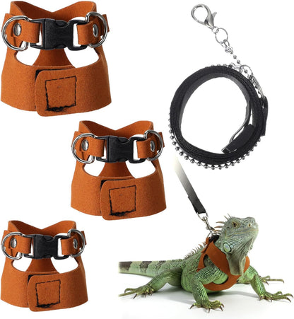 Bearded Dragon Leash and Harness Set, 3PCS Faux Leather Adjustable Bearded Dragon Harness and Leash, Traction Rope for Lizard Small Animal Outdoor Walking (Brown/S, M, L)
