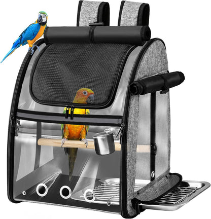 SUERTREE Bird Carrier Bag with Indestructible Stainless Steel Mesh, Bird Travel Cage with Stand, Easy to Clean Backpack for Parrot, Portable Bird Travel Bag, Pet Transparent Breathable Travel Cage