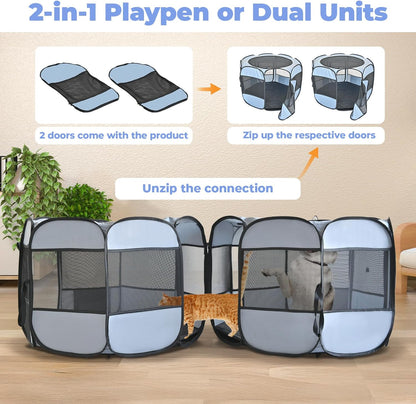 2-in-1 Cat Playpens, Detachable into 2 Separate Playpens with Additional 2 Doors, Portable Dog Playpen Cat Tent Enclosure for Kitten and Puppy Indoor Outdoor Use(M)