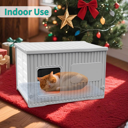 Plastic Cat House Outdoor & Indoor, Feral Cat Houses with Mat, Waterproof Outdoor Cat House for Feral Cats, Outside Cat Shelter for Small Pet, Assemble and Clean Easily