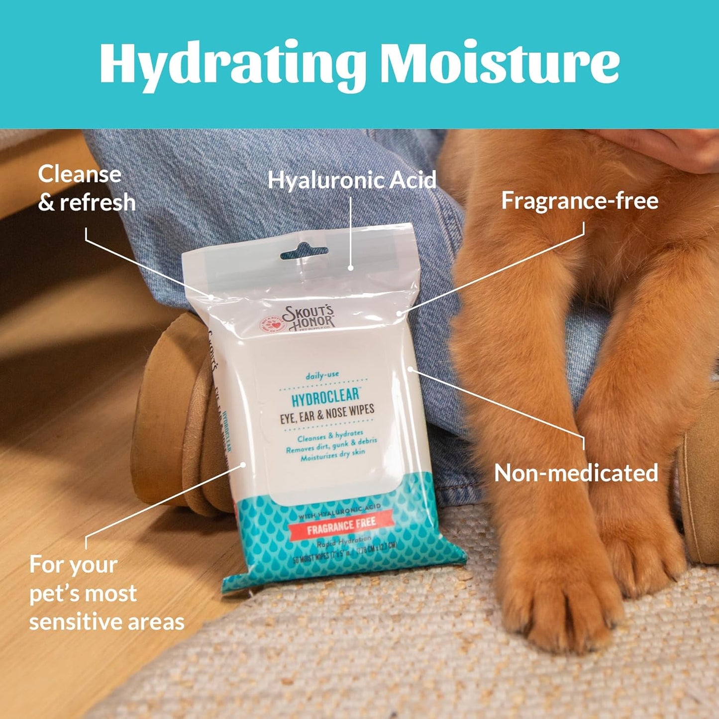 SKOUT'S HONOR HydroClear Eye, Ear & Nose Wipes w/Hyaluronic Acid - for Your Dogs and Cats - Fragrance-Free - 50ct