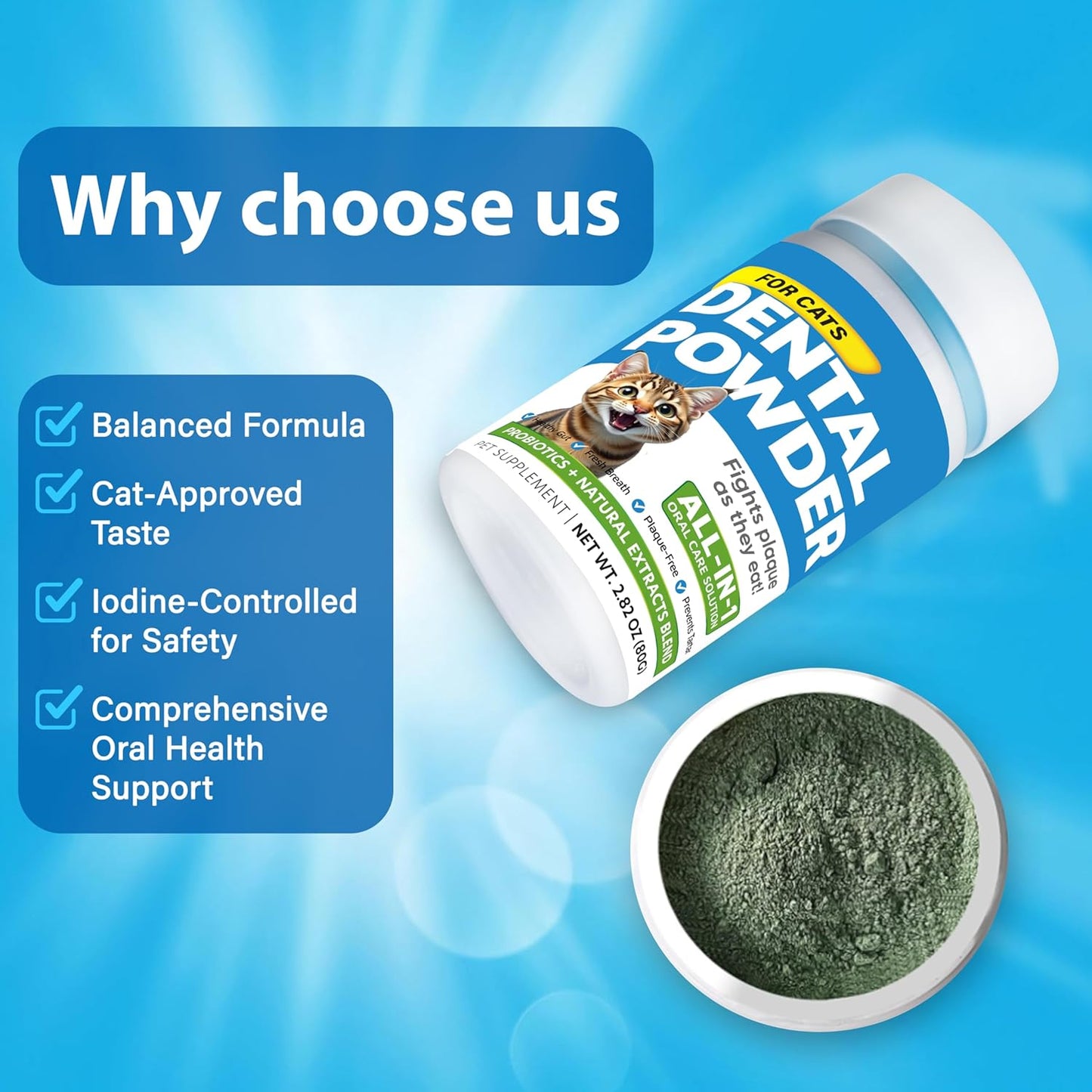 Cat Dental Care Powder Bad Breath Treatment for Cats Teeth, Mouth, Gums & Gut, Plaque Off,Tartar Control, Help Feline Gingivitis and Stomatitis, with Natural Extracts & Probiotics