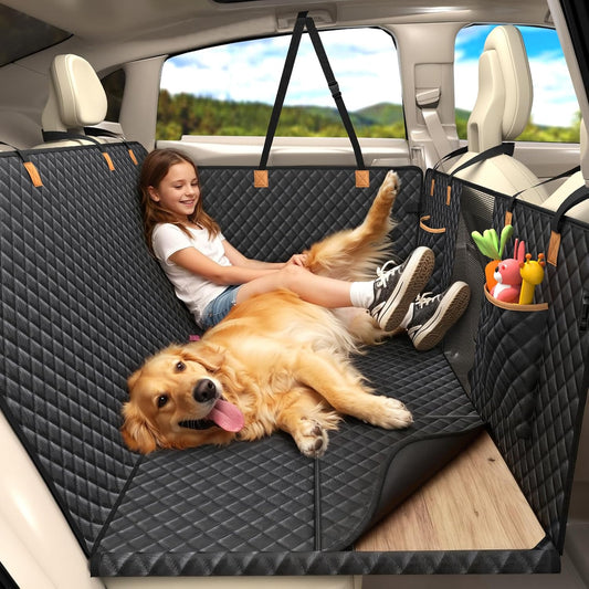 Lekereise Back Seat Extender for Dogs, Hard-Bottom Hammock Holds up to 400 lb, Waterproof with Mesh Window & Storage Pockets – Universal Fit, Black