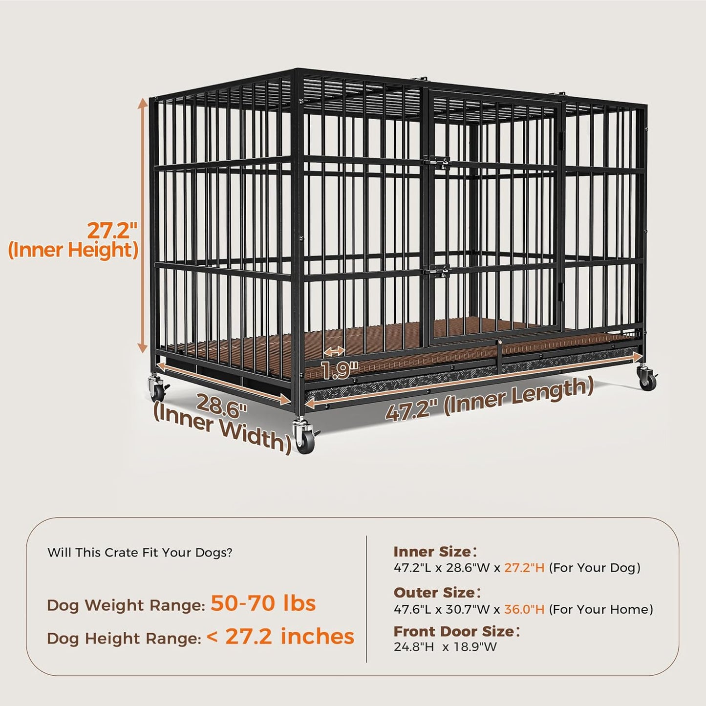 48" Dog Crates for Large Dogs, Upgraded 4 Lockable Wheels, Removable Door, Dog Kennel Indoor, Max Load 300Lbs, Easy to Clean, Removable Tray, XL Dog Cage for Large and Medium Dogs
