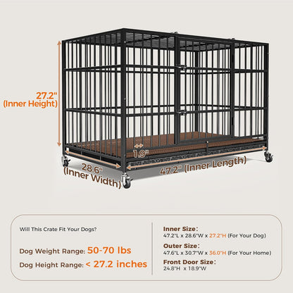 48" Dog Crates for Large Dogs, Upgraded 4 Lockable Wheels, Removable Door, Dog Kennel Indoor, Max Load 300Lbs, Easy to Clean, Removable Tray, XL Dog Cage for Large and Medium Dogs