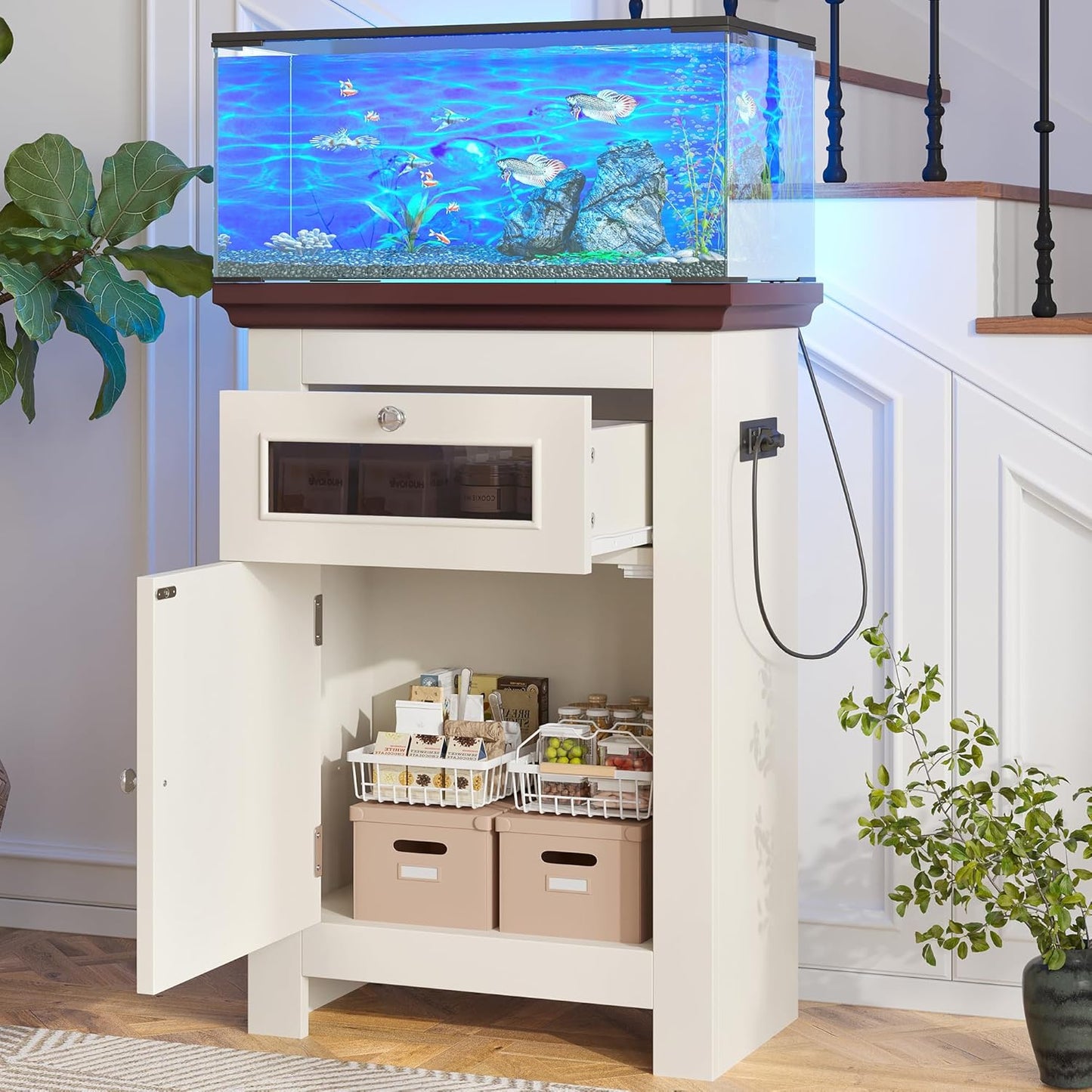 Merax 10-15 Gallon Fish Tank Stand, Aquarium Stand with Power Outlets, Fish Tank Table with Storage Cabinet and Drawer, Aquarium Table for Reptile Terrarium Stand