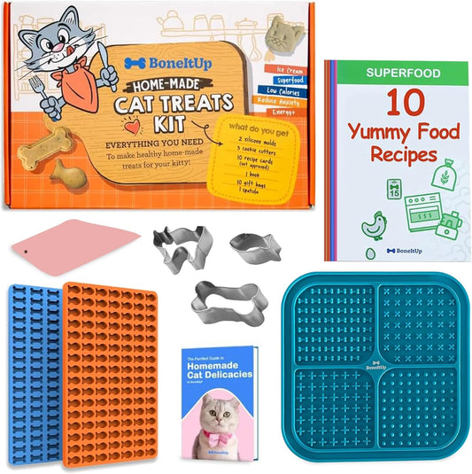 BoneItUp Homemade Cat Treats Kit & Slow Feeder Mat Combo Pack - 10 Recipe Cards, Cat, Fish, Bone Cookie Cutter, Silicone Molds, Spatula - Food-Safe Lick Mat for Dogs & Cats - Freezer & Dishwasher Safe