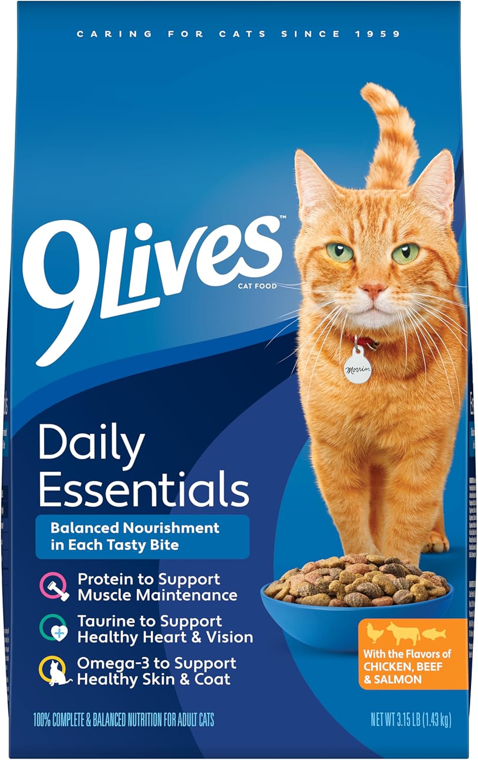 9Lives Daily Essentials Dry Cat Food for Adult Cats with Chicken, Beef & Salmon Flavors, 3.15 lb. Bag (Pack of 4)