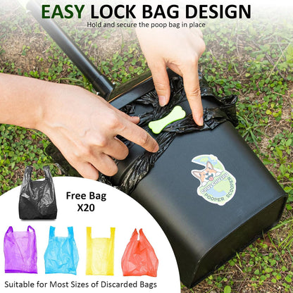 Dog Pooper Scooper, Long Handle Adjustable Metal Swivel Bin & Rake & Spade Kit with 20 Waste Bags, Portable Heavy Duty Dog Poop Scooper for Gravel Lawn, Suit for Small Medium Large Dog