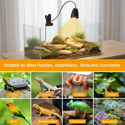 Reptile Heat Lamp, Turtle Heater Light with 2Pcs UVA UVB Bulb, 360° Rotatable Turtle Tank Basking Light with Clamp and Cycle Timer, Heat Lamp for Turtle Lizard Snake Amphibians