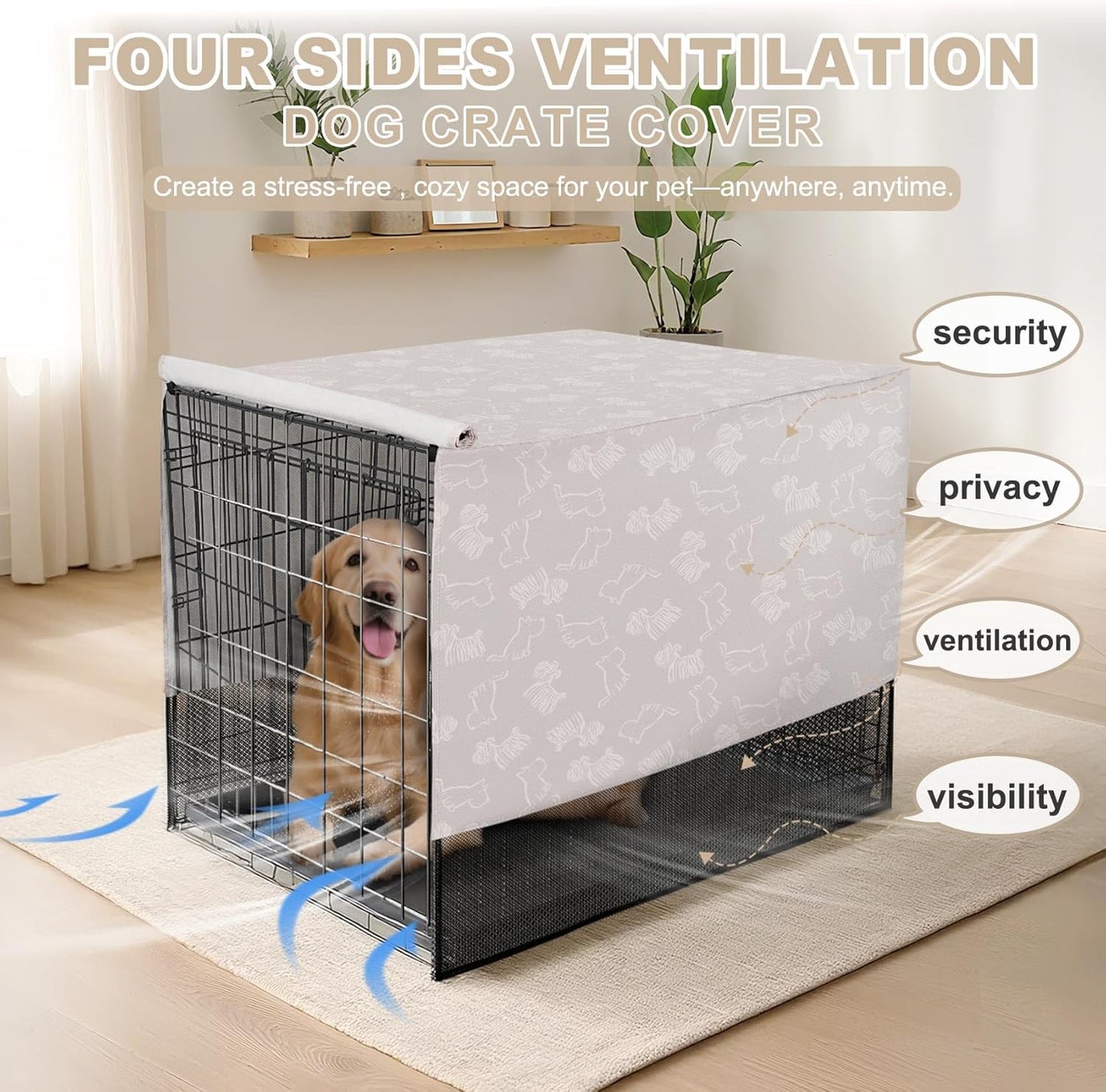 Explore Land Breathable Dog Crate Cover - 4 Sides Mesh Ventilation,Basic Pet Kennel Cover, All Sides Open, Universal Fit for 1 2 3 Doors 48 inches Wire Dog Crate （Dog Print ）