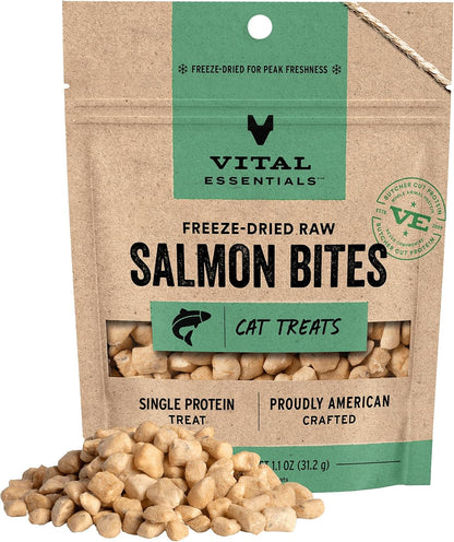 Vital Essentials Salmon Bites Cat Treats, 1.1 oz | Freeze-Dried Raw | Single Protein | Grain Free, Gluten Free, Filler Free