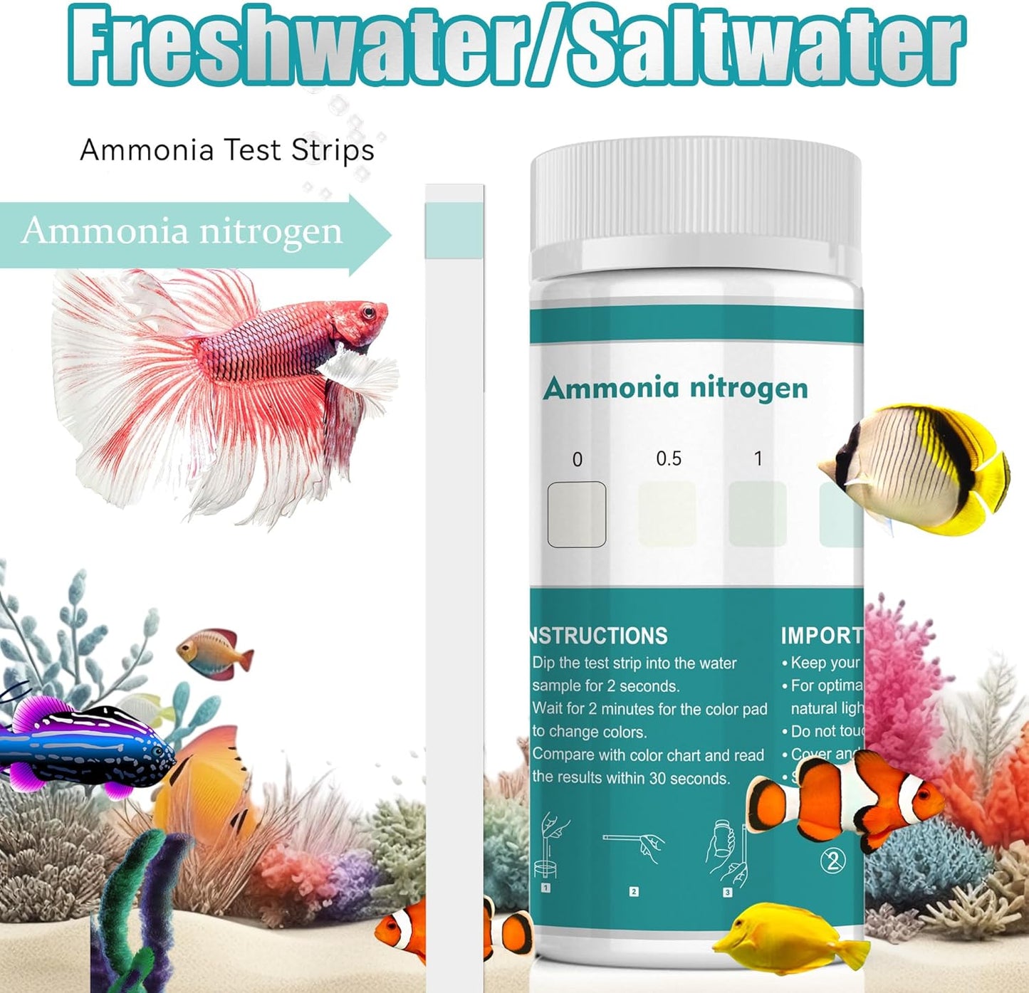 Ammonia Test Strips,60 Strips Aquarium Test Kit for Fish Tanks & Ponds, Quick & Accurate Freshwater Saltwater Testing Strips