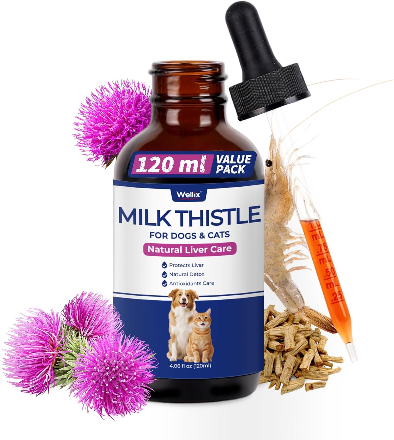 Wellix 120ml Milk Thistle for Cats & Dogs, Advanced Formula with Astaxanthin for Detox and Antioxidant, Dog Liver Supplement, Chicken Flavor Milk Thistle Liquid